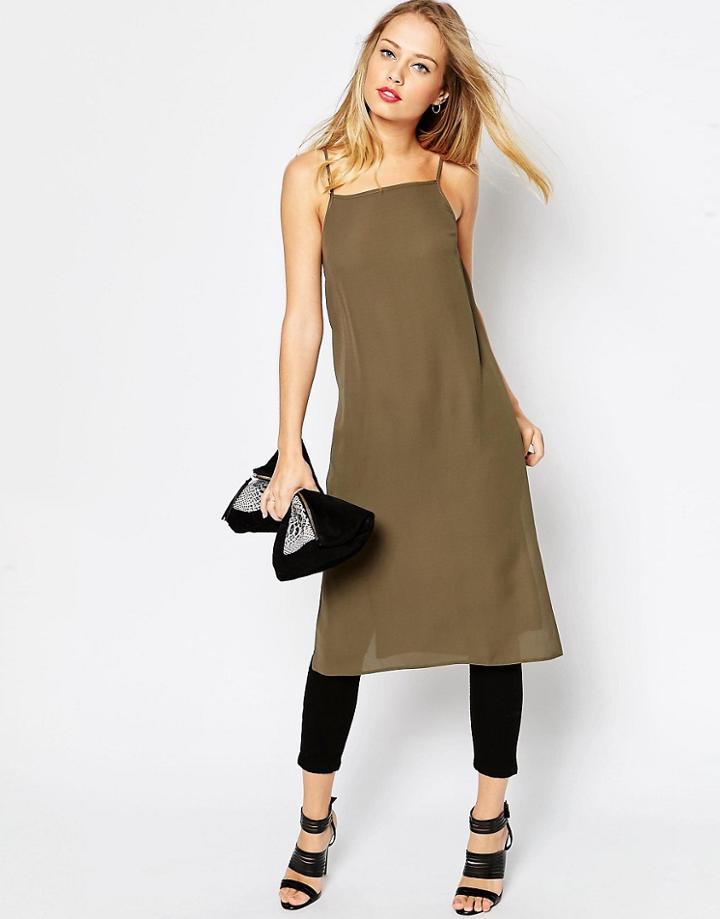 Asos Longline High Neck Cami Top With Side Splits - Green