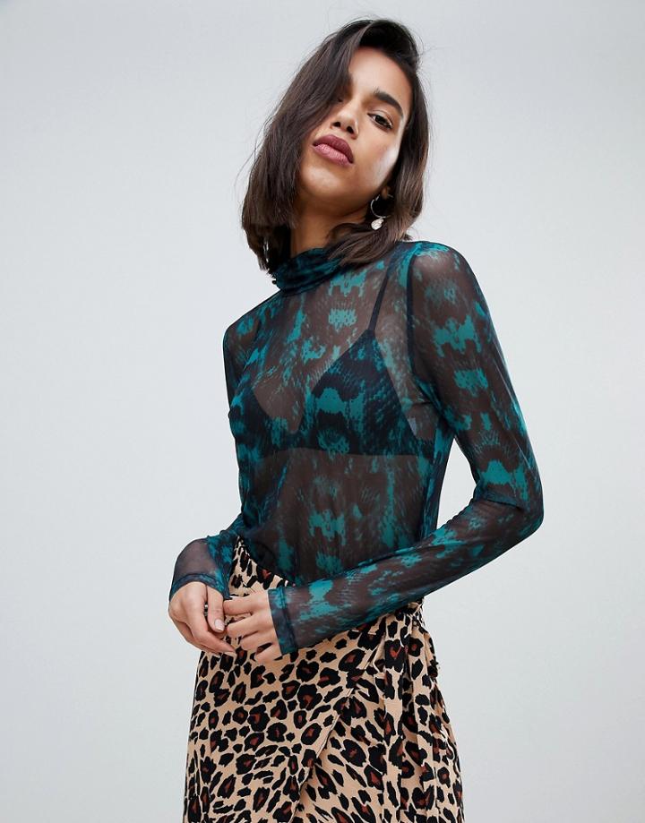Vero Moda Snake Sheer High Neck Top - Green