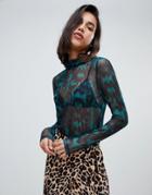 Vero Moda Snake Sheer High Neck Top - Green