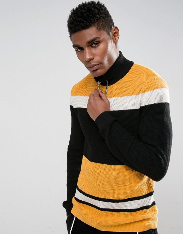 Asos Textured Half Zip Sweater In Black And Yellow - Black
