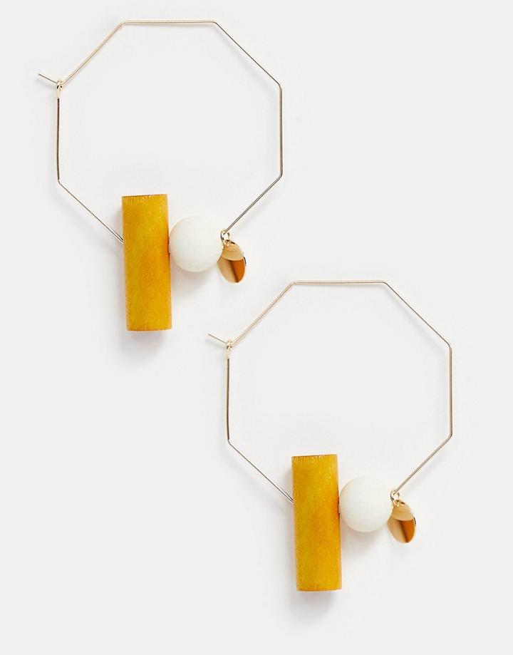 Asos Design Hoop Earrings In Octagonal Shape With Wooden Beads In Gold Tone - Gold