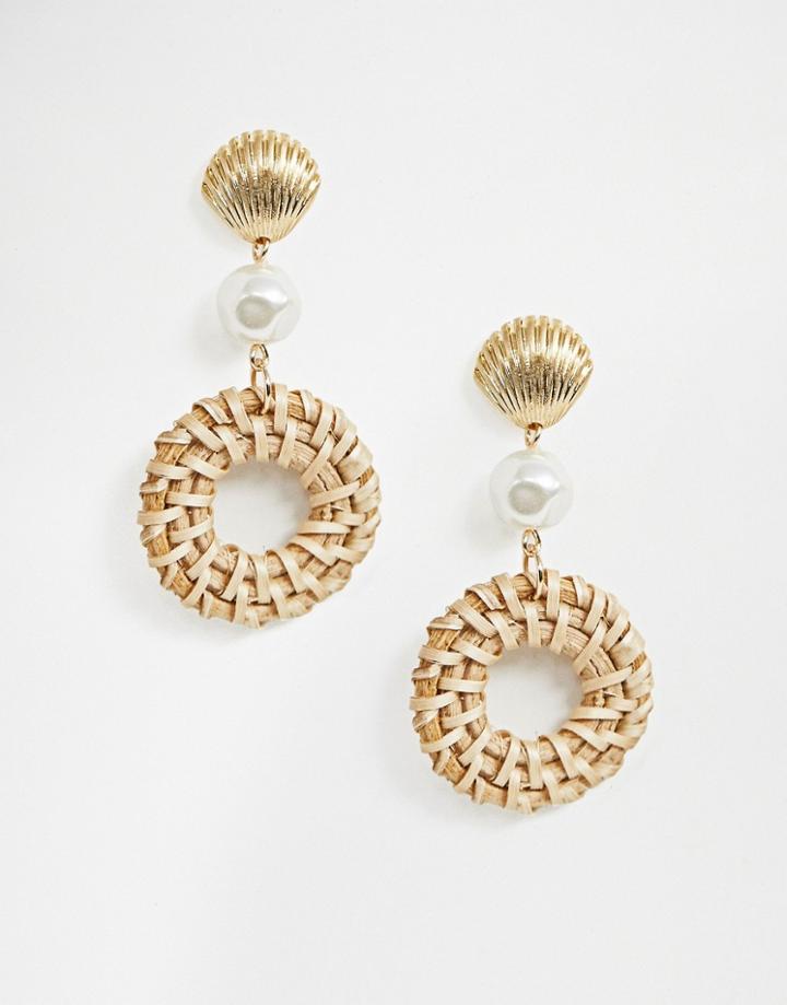New Look Shell And Raffia Hoop Earrings In Gold - Multi