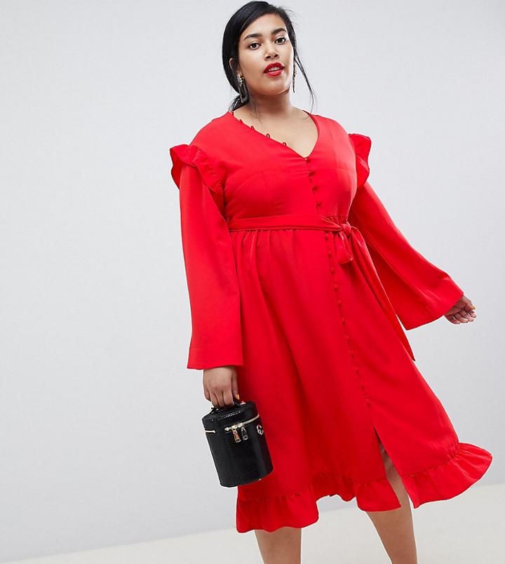 Lost Ink Plus Midi Tea Dress With Frill Sleeve And Tie Waist - Red