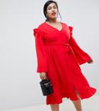Lost Ink Plus Midi Tea Dress With Frill Sleeve And Tie Waist - Red