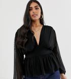 Asos Design Curve Long Sleeve Top With Balloon Mesh Sleeve - Black