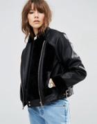 Asos Leather Look Biker Jacket With Fur Panels - Black