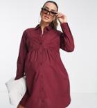 Asos Design Maternity Cotton Mini Smock Shirt Dress In Burgundy-red