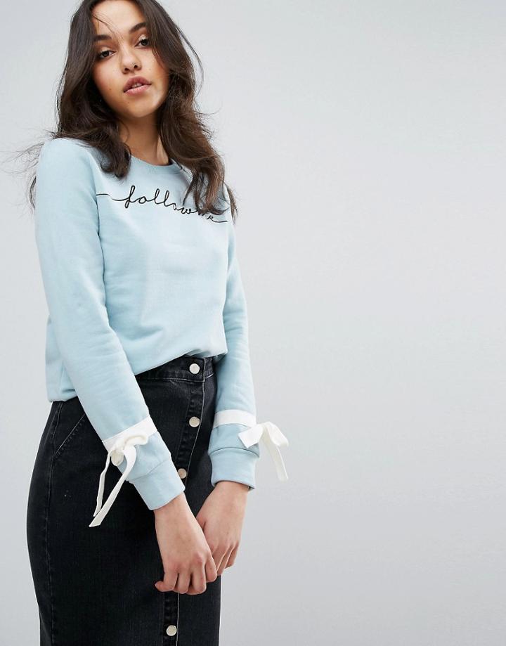Lost Ink Follow Me Sweater With Tie Up Bow Sleeves - Green
