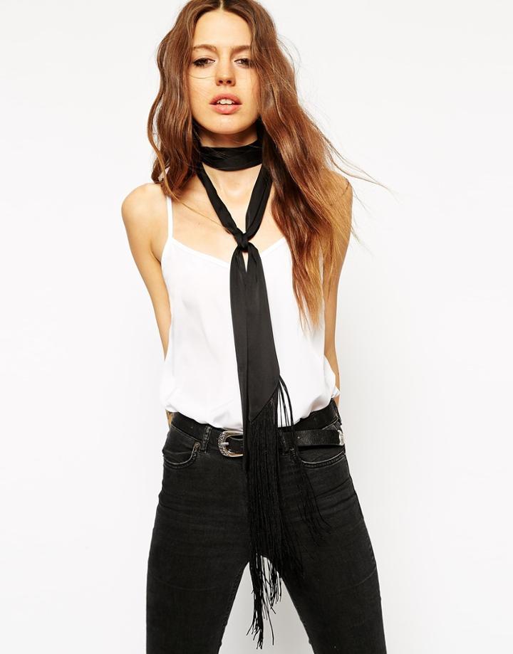 Asos Long Skinny Scarf In Black With Fringing - Black
