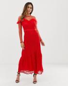 Liquorish Maxi Dress With Lace Overlay And Ruffle Detail - Red