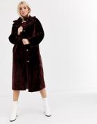 Asos Design Plush Faux Fur Maxi Coat In Burgundy