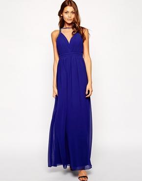 Little Mistress Plunge Neck Maxi Dress With Embellished Neck - Cobalt