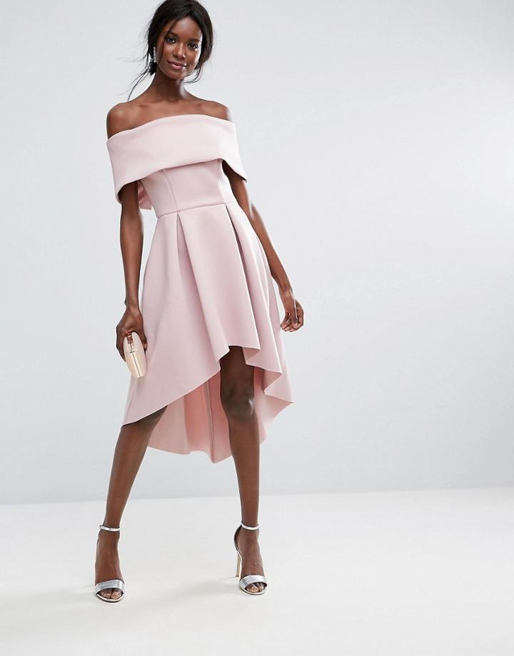 Asos Deep Bardot Foam Scuba Dip Back Mini Dress - Pink