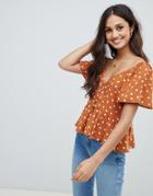Asos Design Tea Blouse With Button Front In Heart Print - Multi