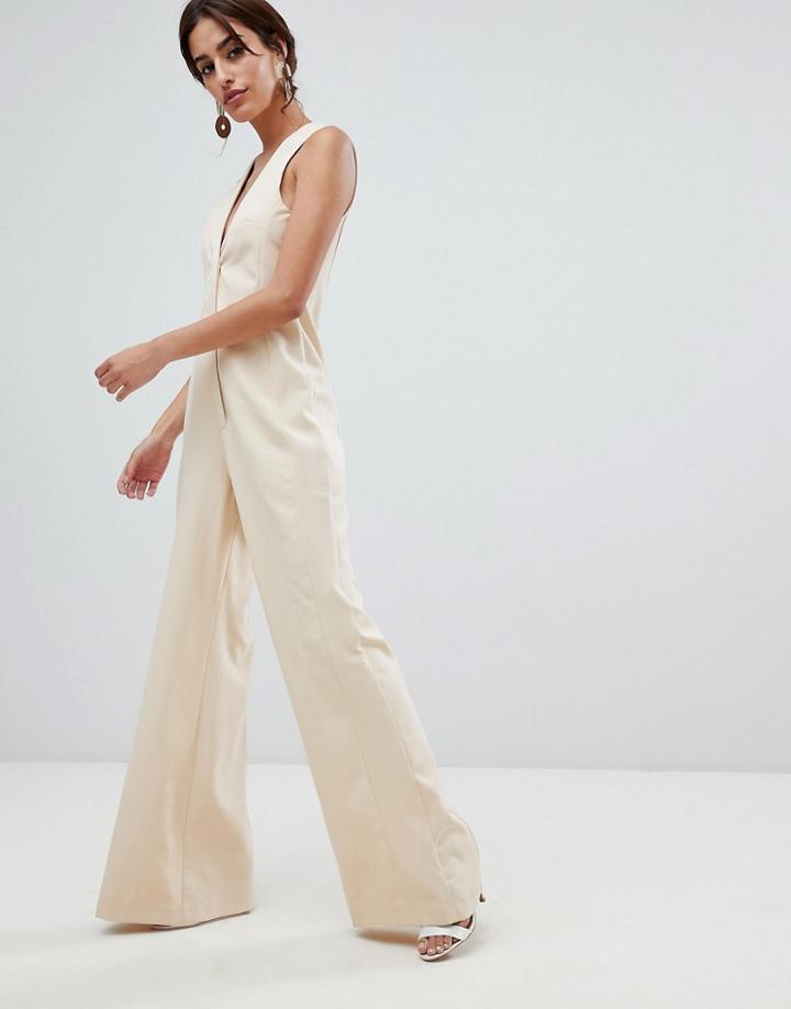 Asos Design Tailored Jumpsuit With Wide Leg-beige