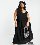 Collusion Plus Organic Cotton Seersucker Midi Length Pinafore Sundress In Black