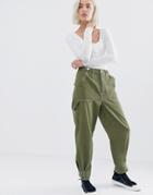 Asos Design Utility Pants With Top Stitching And Tab Detail - Green
