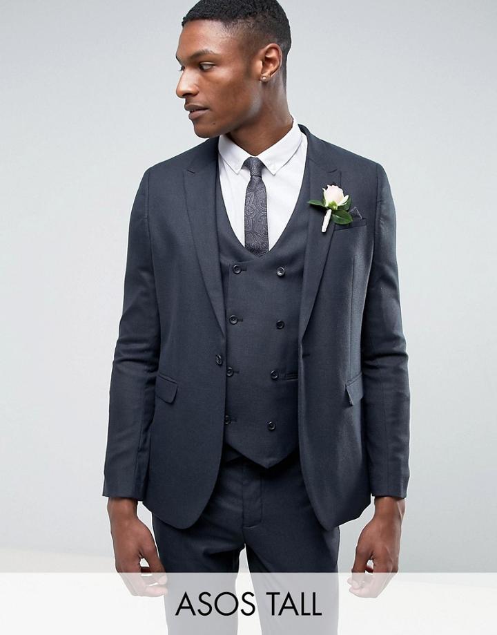 Asos Tall Wedding Skinny Suit Jacket In Blue Micro Woven Texture - Blue