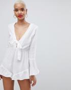 Prettylittlething Cheesecloth Bell Sleeve Playsuit - White