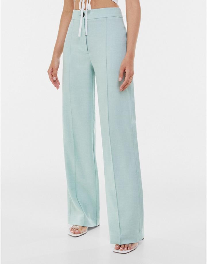 Bershka Wide Leg Tailored Pants In Blue-blues