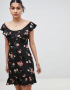Fashion Union Frill Sleeve Tea Dress In Vintage Floral - Black