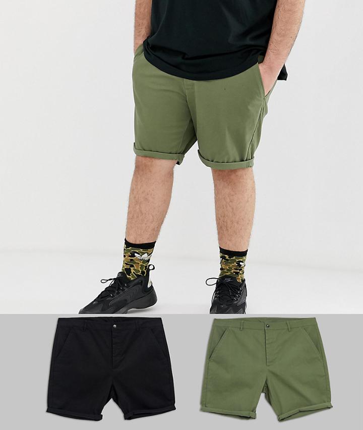 Asos Design Plus 2 Pack Skinny Chino Shorts In Khaki & Black Save-multi
