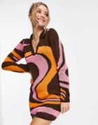 Asos Design Knitted Mini Dress With Open Collar In Swirl Pattern-brown