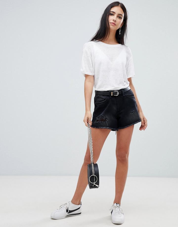Noisy May Fran Raw Hem Denim Shorts-black