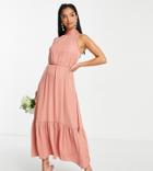 Vila Petite Bridesmaid Satin Halterneck Dress With Tie Waist In Coral Pink-orange