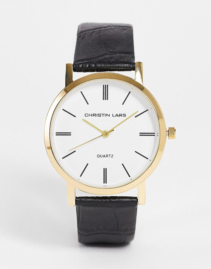 Christin Lars Mens Croc Effect Strap Watch In Black-gold