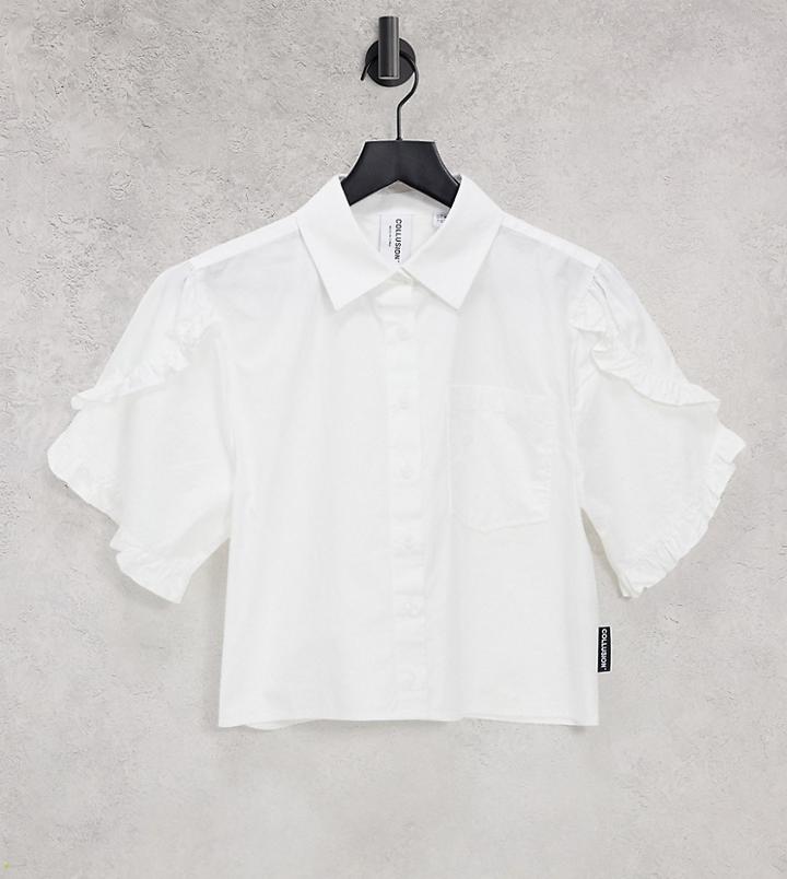 Collusion Cotton Cropped Shirt With Frill Sleeves In White