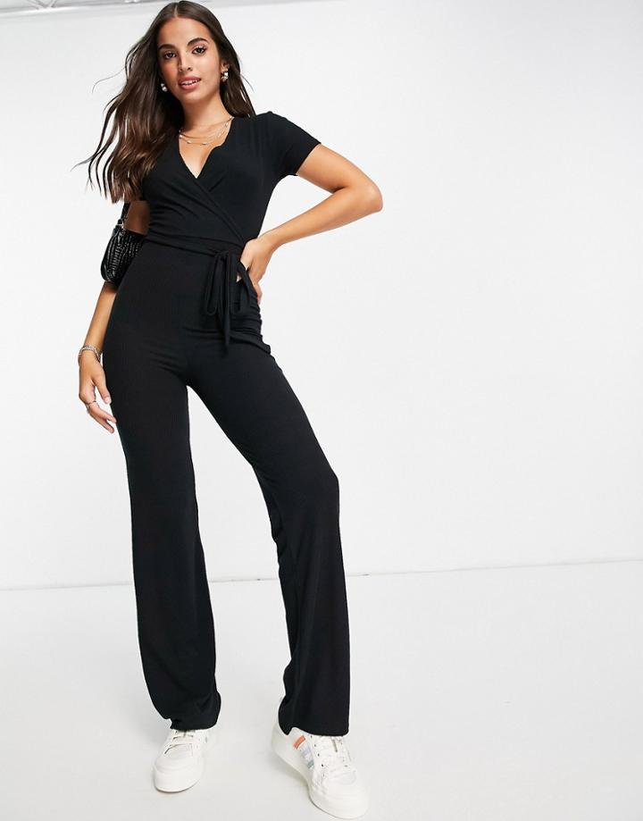 Miss Selfridge Wrap Front Rib Jumpsuit In Black