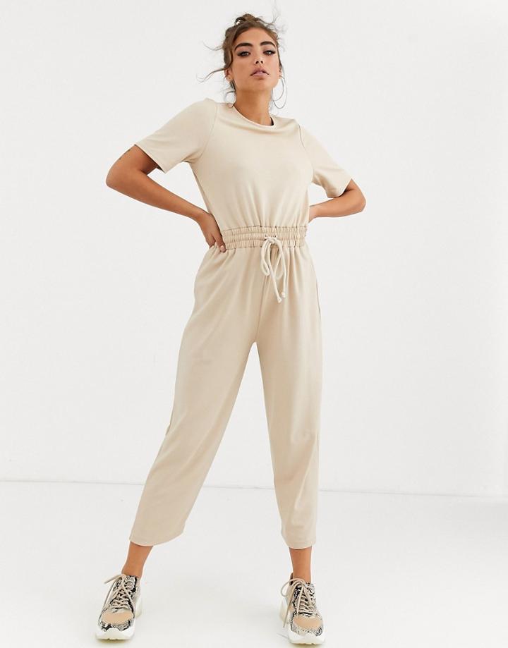 Asos Design Casual Textured Jumpsuit With Rope Detail Tie Waist