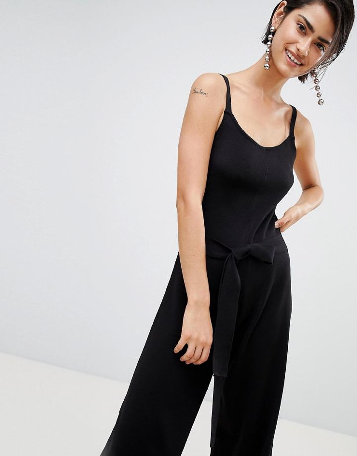 Stradivarius Knitted Tie Waist Jumpsuit - Black