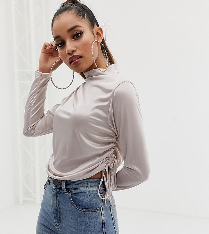 Missguided Petite Ruched Side Silky Top In Silver - Beige