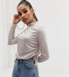 Missguided Petite Ruched Side Silky Top In Silver - Beige