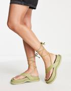Bershka Chunky Sole Flip Flops With Lace Up Detail In Khaki-green