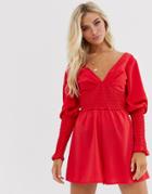 Asos Design Shirred Waist And Sleeve Long Sleeve V Neck Romper - Red