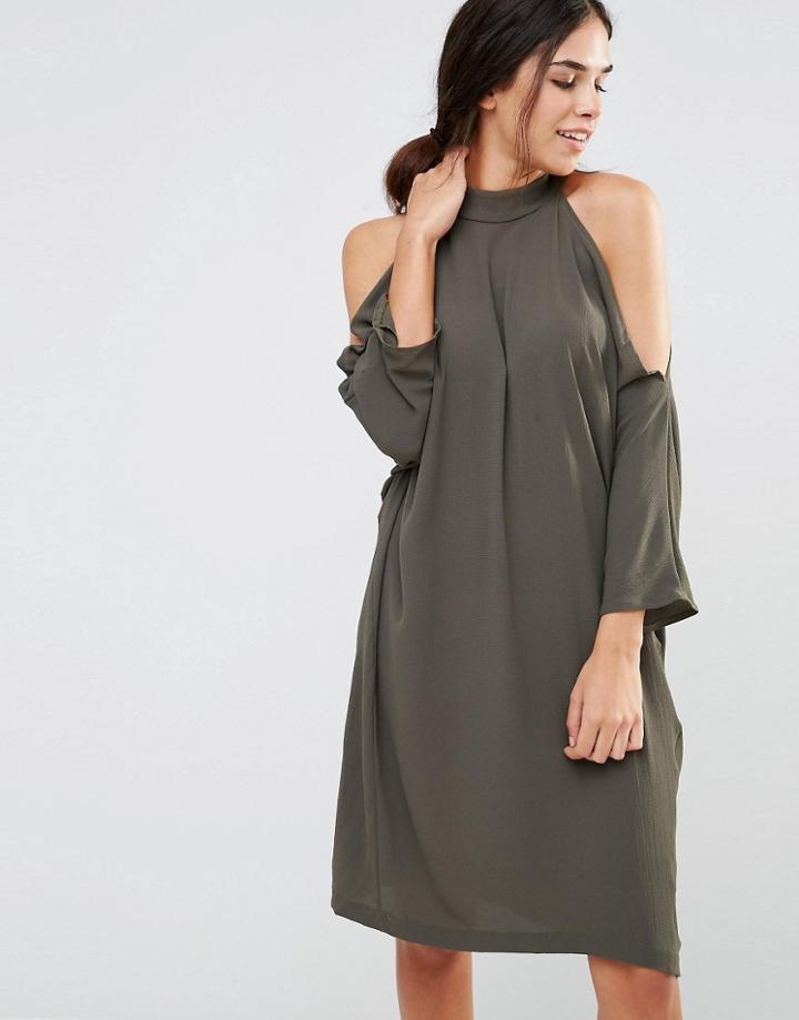 Liquorish 3/4 Sleeve Cold Shoulder Dress - Khaki