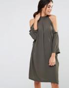 Liquorish 3/4 Sleeve Cold Shoulder Dress - Khaki
