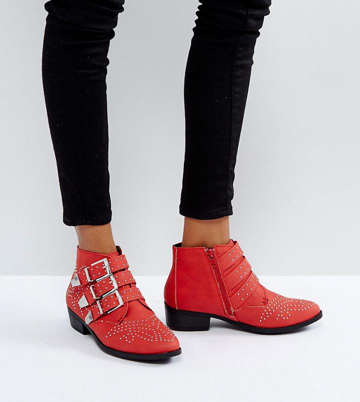Missguided Studded Strap Western Ankle Boot - Red