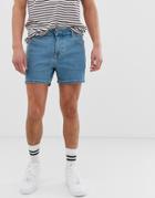 Asos Design Denim Shorts In Skinny Mid Wash Shorter Length - Blue