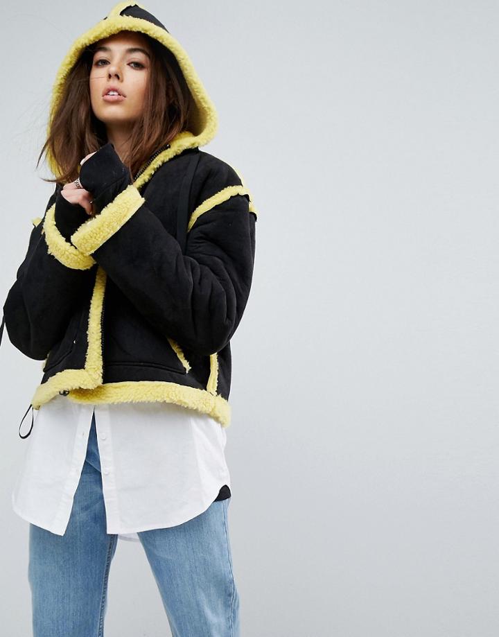 Story Of Lola Oversized Aviator Coat With Faux Shearling Lining - Black