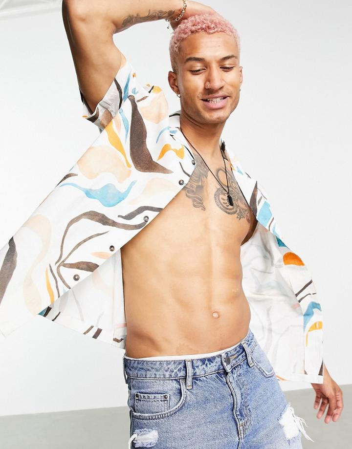 Asos Design Relaxed Revere Linen Mix Shirt In Abstract Print-white