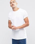 Asos Longline T-shirt With Drawcord Ruched Hem And Roll Sleeve In White - White