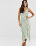 Asos Design Strappy Midi Dress With Ruffles And 3d Embellishment - Purple