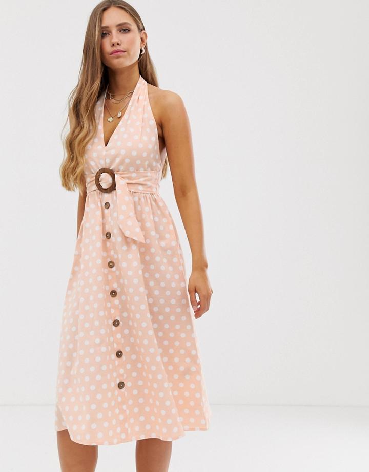 Asos Design Halter Neck Midi Button Through Linen Sundress With Buckle In Spot - Multi