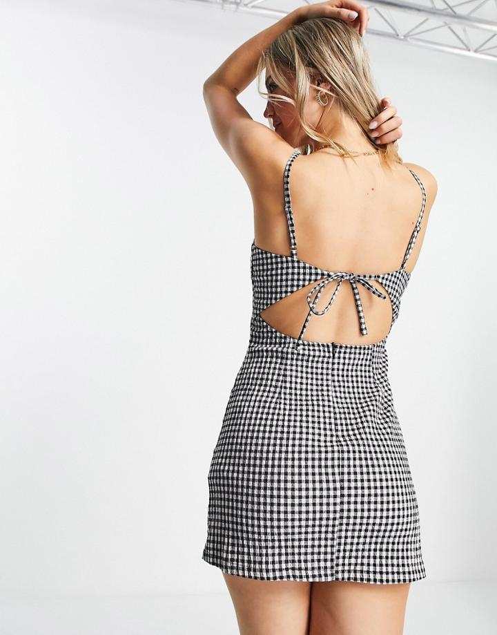 Stradivarius Textured Mini Dress In Black & White Gingham Print