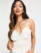Asos Design Satin Ruched Cami With Ruffle In Blush-pink