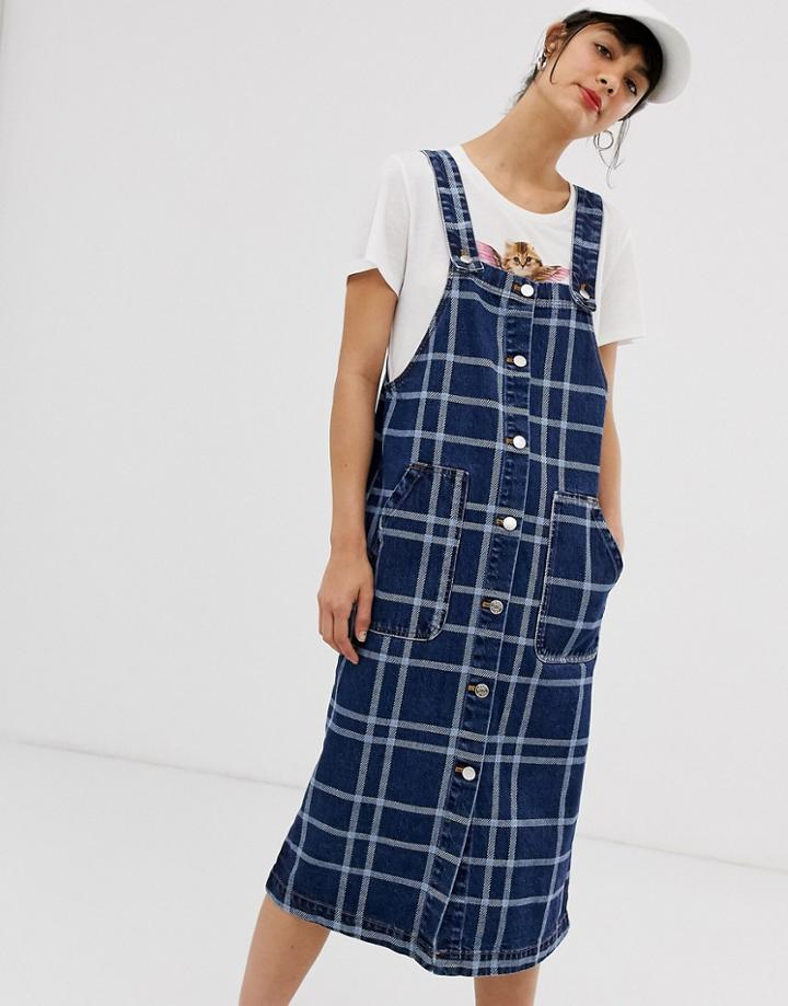 Monki Checked Denim Pinafore Dress In Blue - Multi